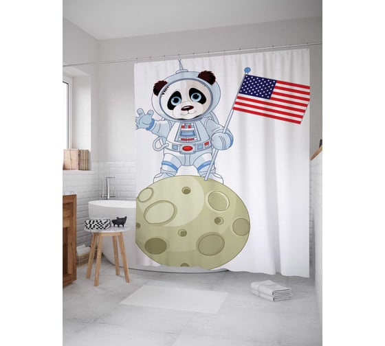 Штора (занавеска) для ванной JoyArty "Панда - космонавт" из сатена, 180х200 см с крючками, sc_18126 1