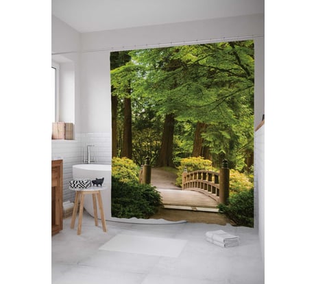 Штора (занавеска) для ванной JoyArty "Парковый мост" из сатена, 180х200 см с крючками, sc_17884