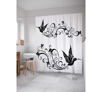Штора (занавеска) для ванной JoyArty "Колибри с завитками" из сатена, 180х200 см с крючками, sc_12386