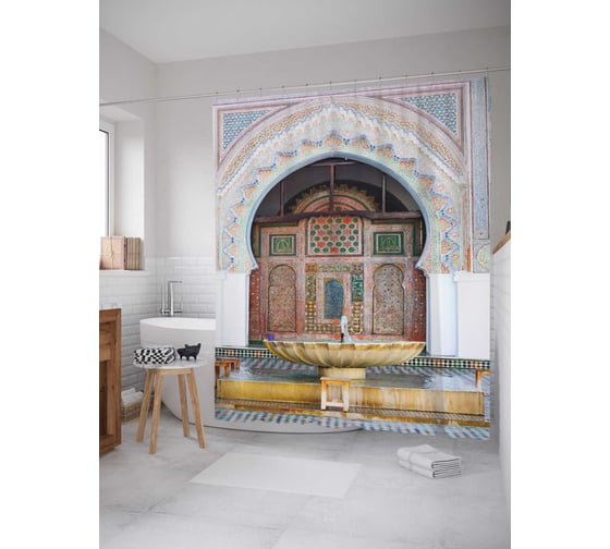 Штора (занавеска) для ванной JoyArty "Храмовые хоромы" из сатена, 180х200 см с крючками, sc_15407 1