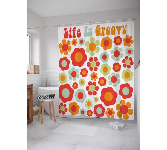 Штора (занавеска) для ванной JoyArty "Цветочное тепло" из сатена, 180х200 см с крючками, sc_10968 1