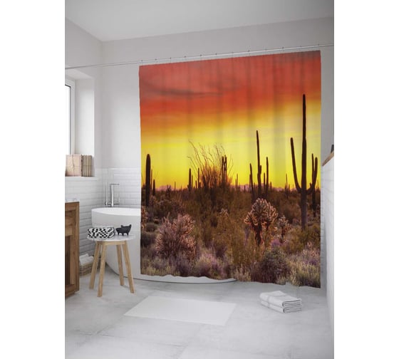 Штора (занавеска) для ванной JoyArty "Кактусы на закате" из сатена, 180х200 см с крючками, sc_10857 1