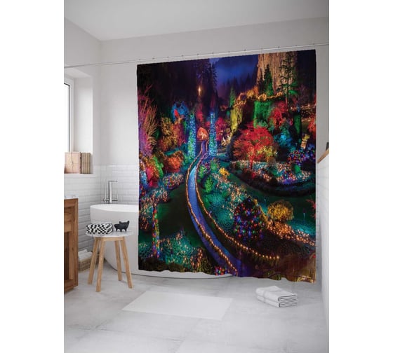 Штора (занавеска) для ванной JoyArty "Мостик через ночной сад" из сатена, 180х200 см с крючками, sc_15331 1