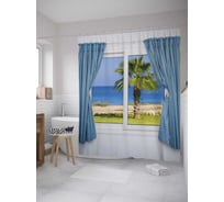 Штора (занавеска) для ванной JoyArty "Вид из окна на пальму" из сатена, 180х200 см с крючками, sc_11836