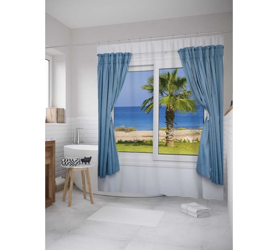 Штора (занавеска) для ванной JoyArty "Вид из окна на пальму" из сатена, 180х200 см с крючками, sc_11836 1