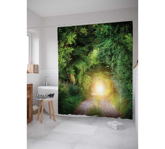 Штора (занавеска) для ванной JoyArty "Дорога под лесом" из сатена, 180х200 см с крючками, sc_18198 1