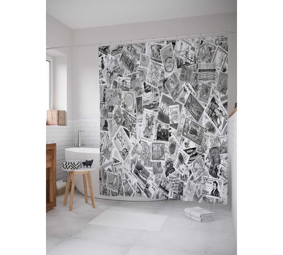 Штора (занавеска) для ванной JoyArty "Коллекция марок" из сатена, 180х200 см с крючками, sc_21096