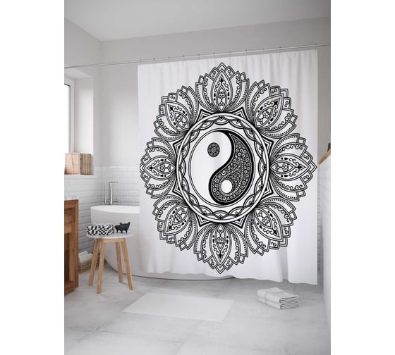 Штора (занавеска) для ванной JoyArty "Лепестки Инь и ян" из сатена, 180х200 см с крючками, sc_18608