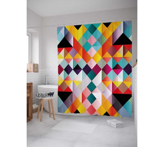 Штора (занавеска) для ванной JoyArty "Геометрическая загадка" из сатена, 180х200 см с крючками, sc_18670