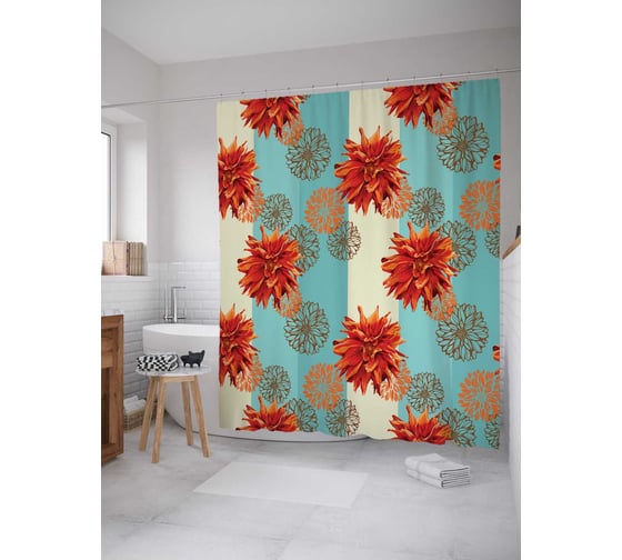 Штора (занавеска) для ванной JoyArty "Летающие цветы" из сатена, 180х200 см с крючками, sc_20494 1