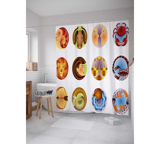 Штора (занавеска) для ванной JoyArty "Радужный зодиак" из сатена, 180х200 см с крючками, sc_18687 1