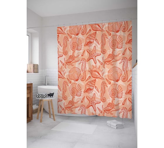 Штора (занавеска) для ванной JoyArty "Ракушки и морские звезды" из сатена, 180х200 см с крючками, sc_20455 1