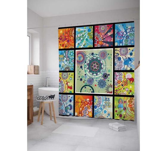 Штора (занавеска) для ванной JoyArty "Цветочные механизмы" из сатена, 180х200 см с крючками, sc_18680 1