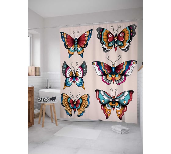 Штора (занавеска) для ванной JoyArty "Узорчатые бабочки" из сатена, 180х200 см с крючками, sc_13599 1