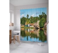 Штора (занавеска) для ванной JoyArty "Тропические дома на реке" из сатена, 180х200 см с крючками, sc_16181