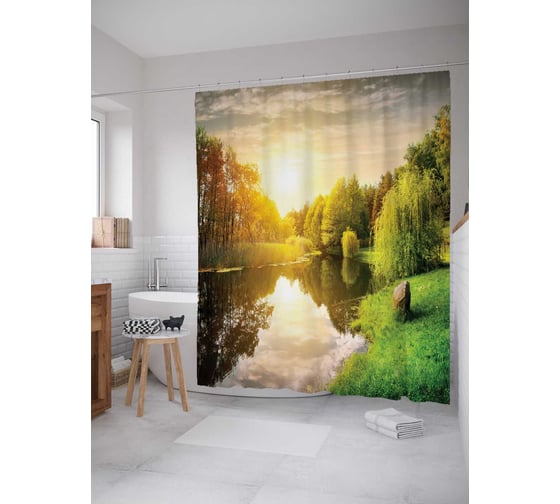 Штора (занавеска) для ванной JoyArty "Свежее утро у реки" из сатена, 180х200 см с крючками, sc_16180 1
