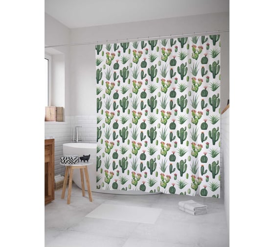Штора (занавеска) для ванной JoyArty "Кактусный рай" из сатена, 180х200 см с крючками, sc_122817 1