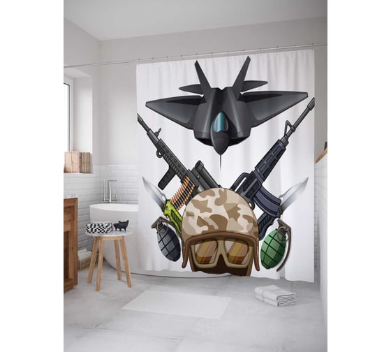 Штора (занавеска) для ванной JoyArty "Военная подготовка" из сатена, 180х200 см с крючками, sc_20159 1