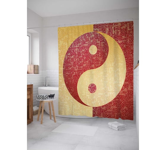 Штора (занавеска) для ванной JoyArty "Инь и ян в иероглифах" из сатена, 180х200 см с крючками, sc_18573 1