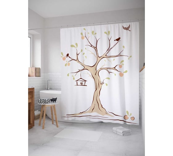 Штора (занавеска) для ванной JoyArty "Скворечник на дереве" из сатена, 180х200 см с крючками, sc_13469 1