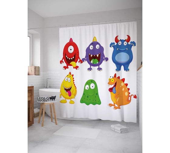 Штора (занавеска) для ванной JoyArty "Веселые монстры" из сатена, 180х200 см с крючками, sc_18506 1