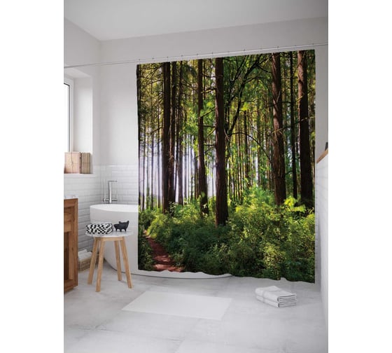 Штора (занавеска) для ванной JoyArty "Лесной тоннель" из сатена, 180х200 см с крючками, sc_15750 1