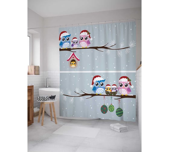 Штора (занавеска) для ванной JoyArty "Новогодние совы" из сатена, 180х200 см с крючками, sc_19400 1