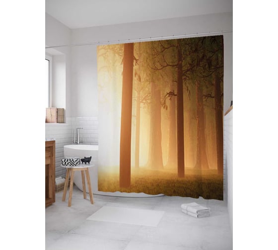 Штора (занавеска) для ванной JoyArty "Яркое событие в лесу" из сатена, 180х200 см с крючками, sc_18186 1