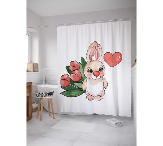 Штора (занавеска) для ванной JoyArty "Заяц романтик" из сатена, 180х200 см с крючками, sc_14530 1