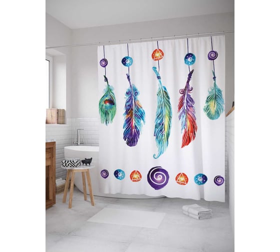 Штора (занавеска) для ванной JoyArty "Перья с символами" из сатена, 180х200 см с крючками, sc_19714 1