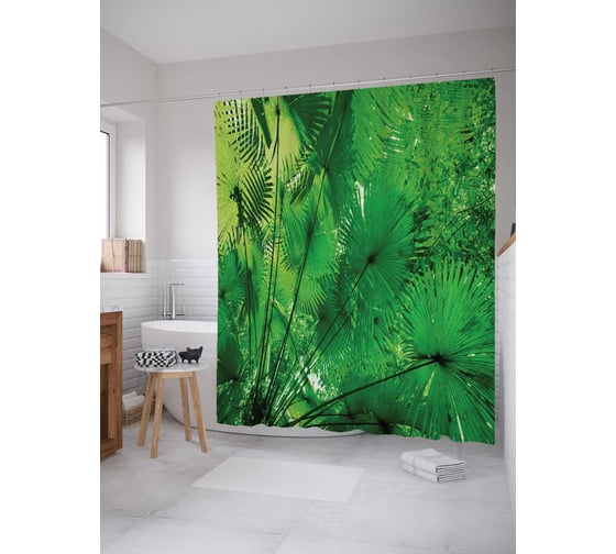 Штора (занавеска) для ванной JoyArty "Большие папоротники" из сатена, 180х200 см с крючками, sc_16284 1