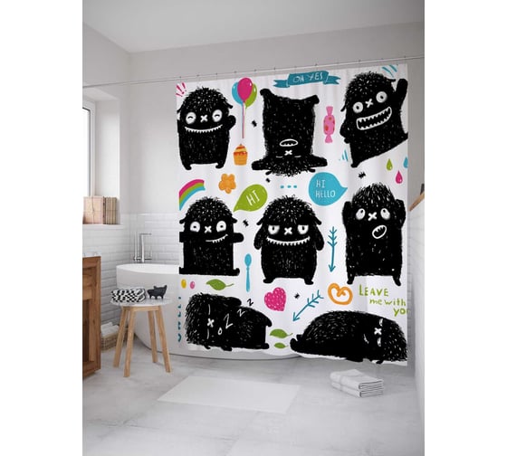 Штора (занавеска) для ванной JoyArty "Темные монстрики" из сатена, 180х200 см с крючками, sc_18520 1
