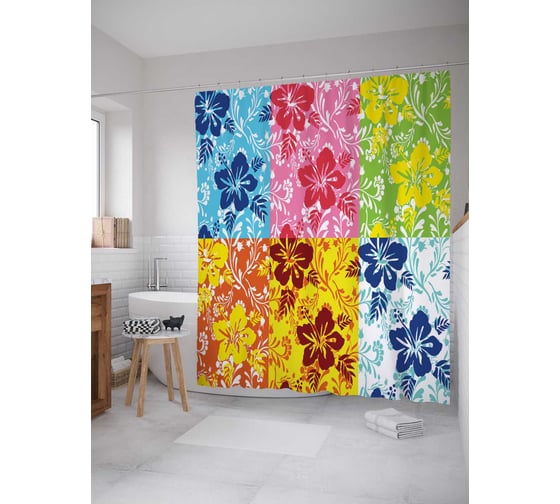Штора (занавеска) для ванной JoyArty "Цветочные контрасты" из сатена, 180х200 см с крючками, sc_16246 1