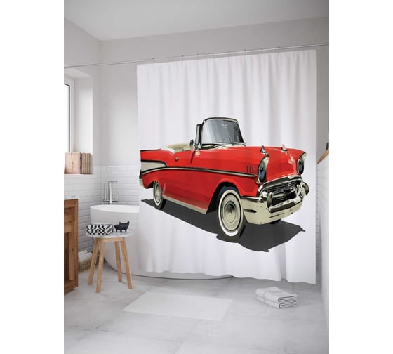 Штора (занавеска) для ванной JoyArty "Яркий кабриолет" из сатена, 180х200 см с крючками, sc_18207 1