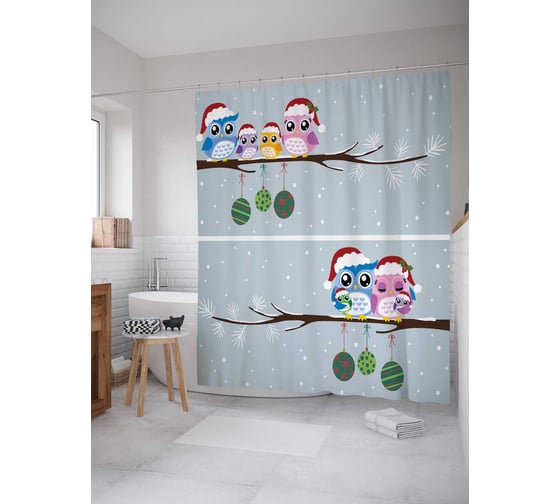 Штора (занавеска) для ванной JoyArty "Совы празднуют" из сатена, 180х200 см с крючками, sc_20040 1