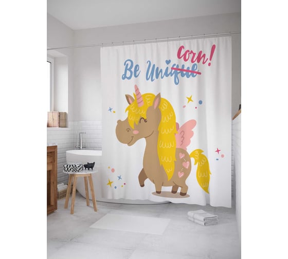 Штора (занавеска) для ванной JoyArty "Будь единорогом" из сатена, 180х200 см с крючками, sc_19520 1