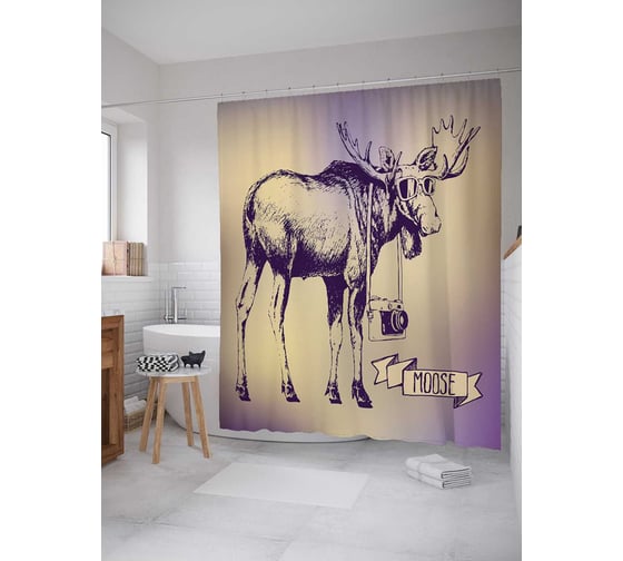 Штора (занавеска) для ванной JoyArty "Лось с фотоаппаратом" из сатена, 180х200 см с крючками, sc_22292 1