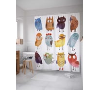 Штора (занавеска) для ванной JoyArty "Разные совы" из сатена, 180х200 см с крючками, sc_18514