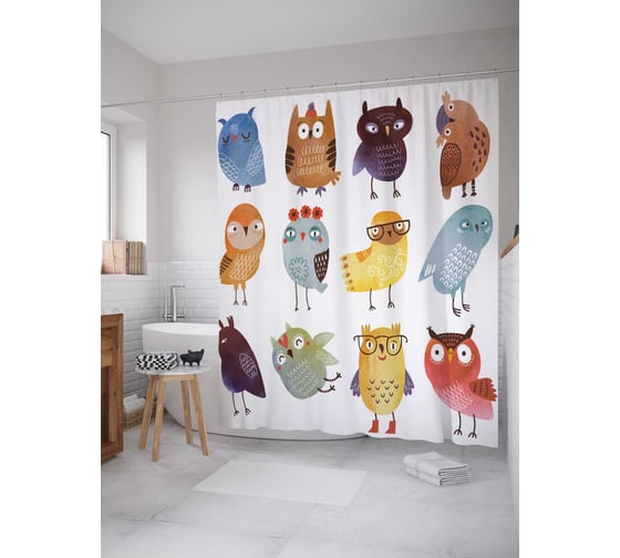 Штора (занавеска) для ванной JoyArty "Разные совы" из сатена, 180х200 см с крючками, sc_18514 1