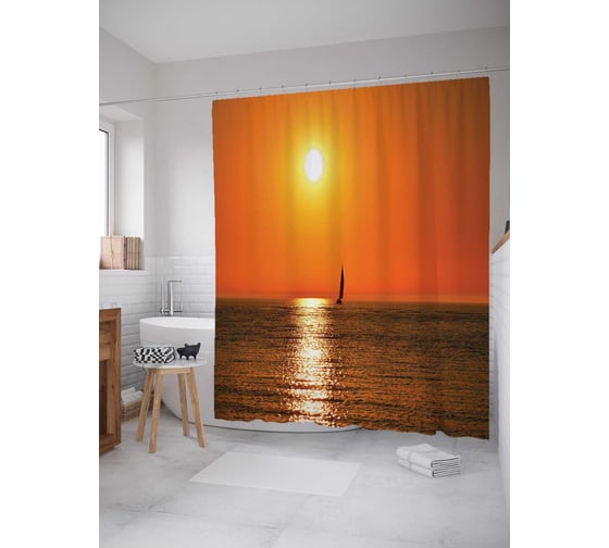 Штора (занавеска) для ванной JoyArty "Уплываем в закат" из сатена, 180х200 см с крючками, sc_16444 1