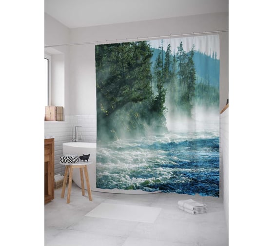 Штора (занавеска) для ванной JoyArty "Паровой берег" из сатена, 180х200 см с крючками, sc_17979 1