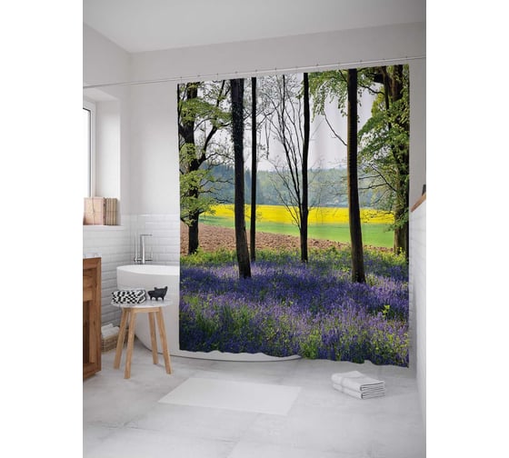 Штора (занавеска) для ванной JoyArty "Цветы вдохновляют лес" из сатена, 180х200 см с крючками, sc_16434 1