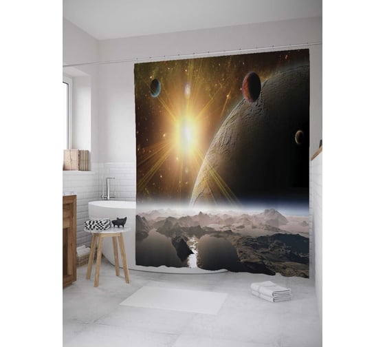 Штора (занавеска) для ванной JoyArty "Солнце с другой планеты" из сатена, 180х200 см с крючками, sc_10045 1