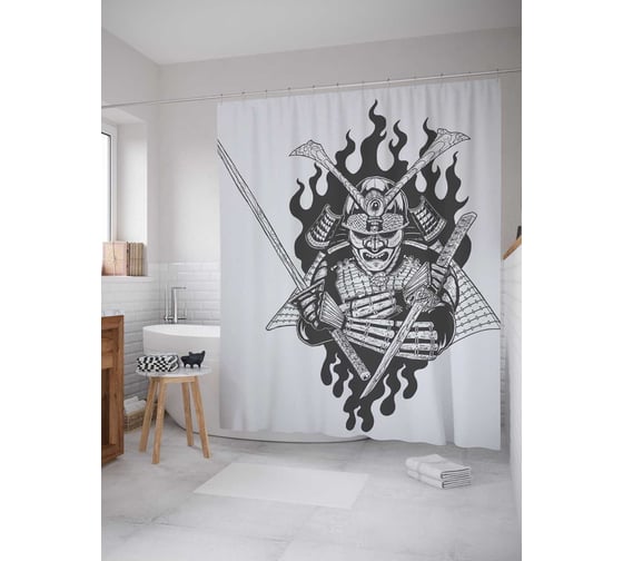 Штора (занавеска) для ванной JoyArty "Японский воин" из сатена, 180х200 см с крючками, sc_18267 1