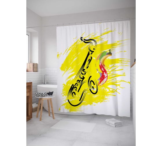 Штора (занавеска) для ванной JoyArty "Солнечный саксофон" из сатена, 180х200 см с крючками, sc_16677 1
