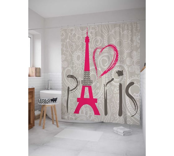 Штора (занавеска) для ванной JoyArty "Любовь к Парижу" из сатена, 180х200 см с крючками, sc_11306 1