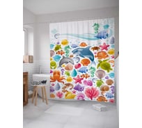 Штора (занавеска) для ванной JoyArty "Яркий морской мир" из сатена, 180х200 см с крючками, sc_18163