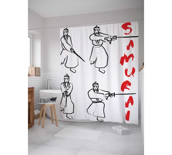 Штора (занавеска) для ванной JoyArty "Урок самурая" из сатена, 180х200 см с крючками, sc_18298 1