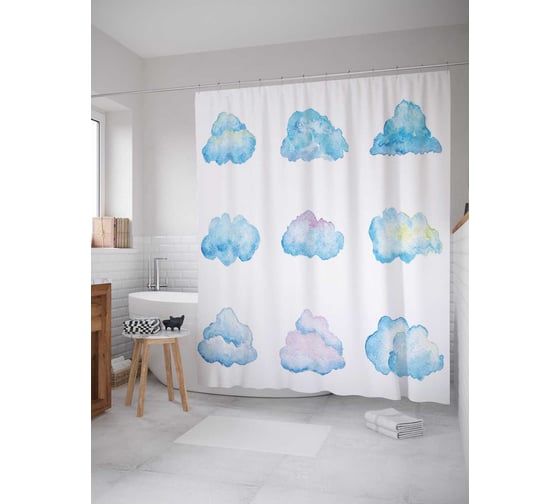 Штора (занавеска) для ванной JoyArty "Нарисованные тучки" из сатена, 180х200 см с крючками, sc_16578 1