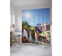 Штора (занавеска) для ванной JoyArty "Водопад в солнечных горах" из сатена, 180х200 см с крючками, sc_10099